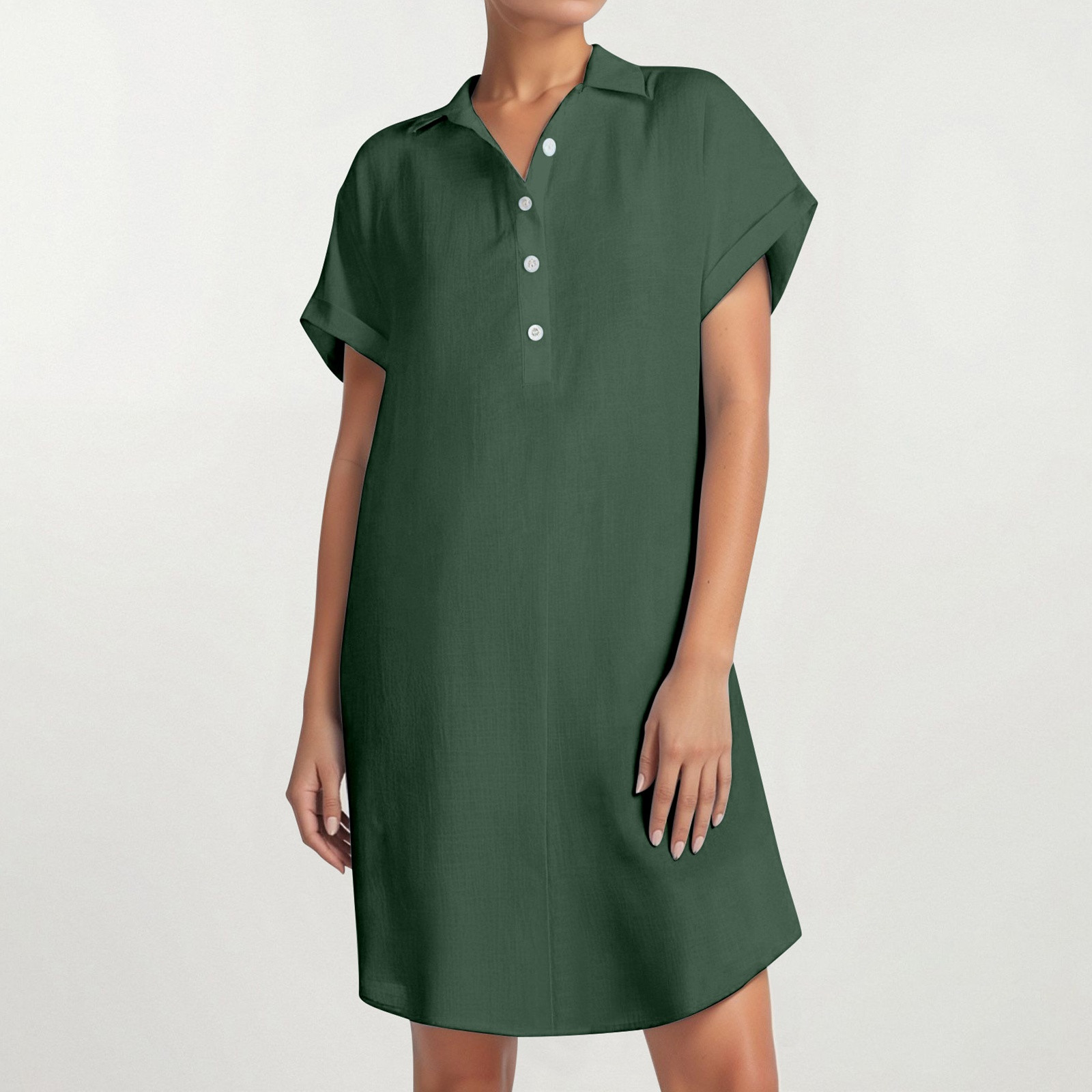 thumbnail image 2 of Vestido camisero de manga corta con botones para mujer: túnica informal de color liso, tejido suave y transpirable, versátil para tres estaciones., 2 of 5